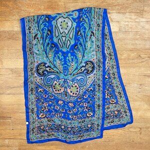 Vintage Floral Silk Scarf 1990s Oblong Neckscarf Made in India Blue/Teal/Yellow